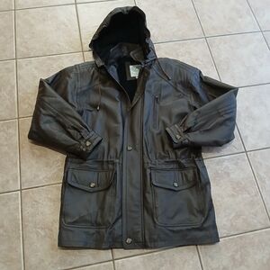 Hooded Dark Brown Leather Jacket Warm Double Filler
